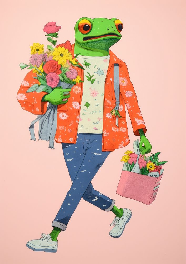 A cartoon Frog holding a bunch of flowers accessories accessory clothing.