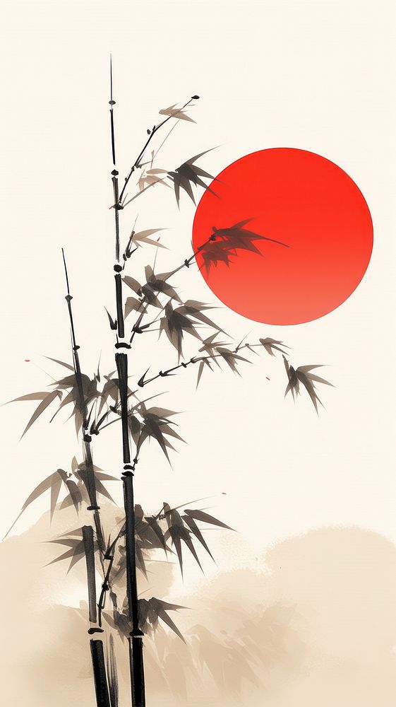 Bamboo tree with the red sun plant leaf.