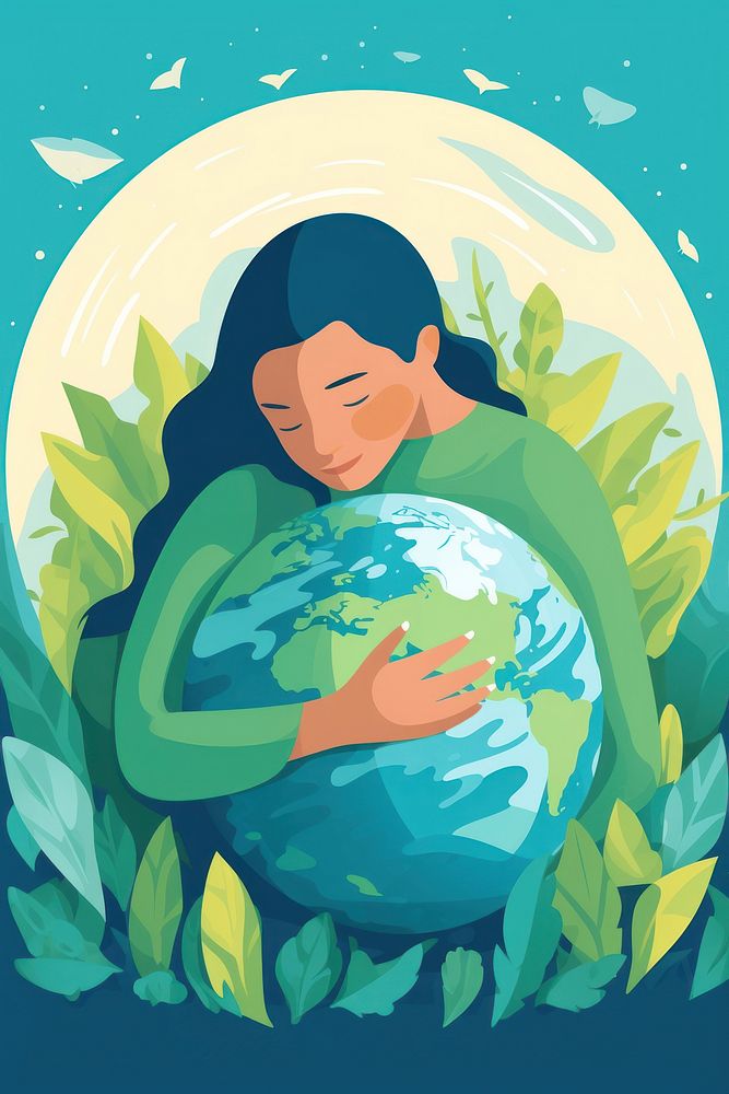 Woman hugging a blue-green earth astronomy universe painting.
