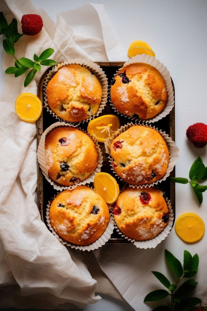 6 muffins in muffin baking tray fruit dessert produce.