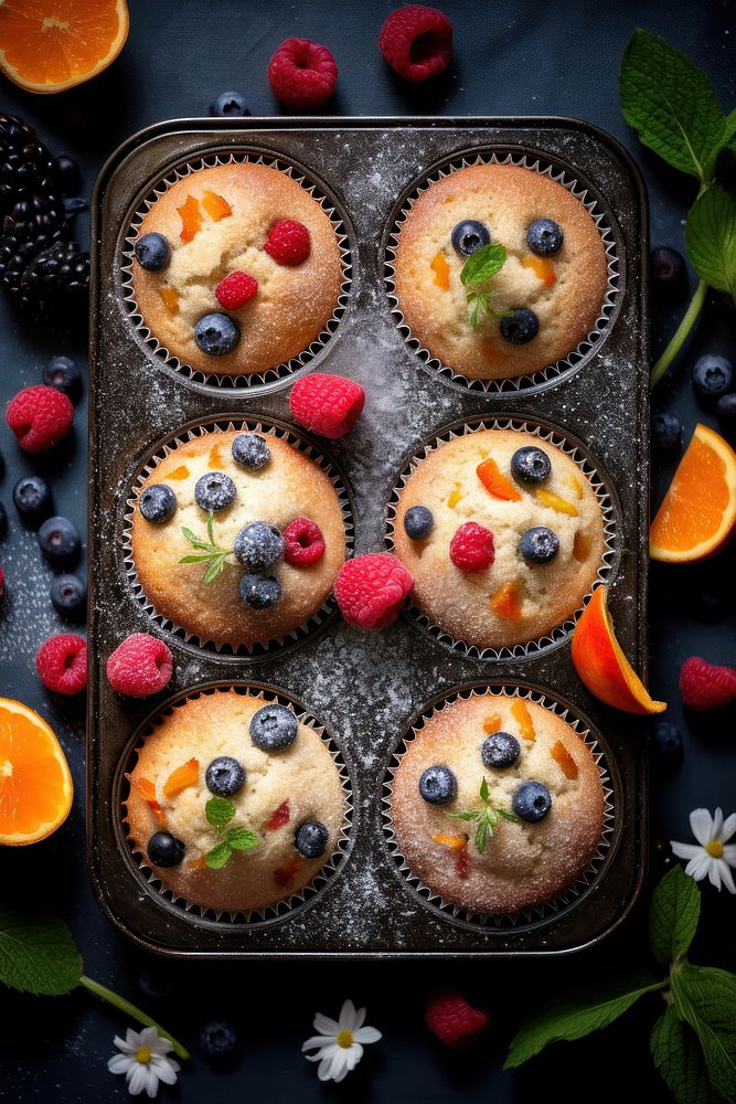 6 muffins in muffin baking tray fruit cupcake dessert.