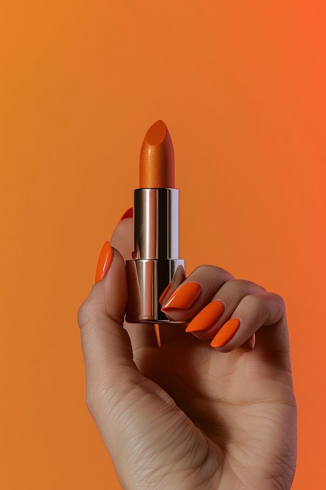 Vertical photo shot of a hand holding a orange color lipstick medication cosmetics pill.