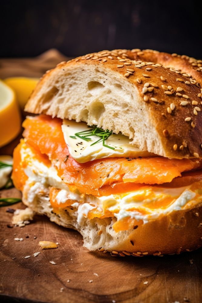 Bagel creamcheese and salmon in half served on brown paper burger brunch bread.