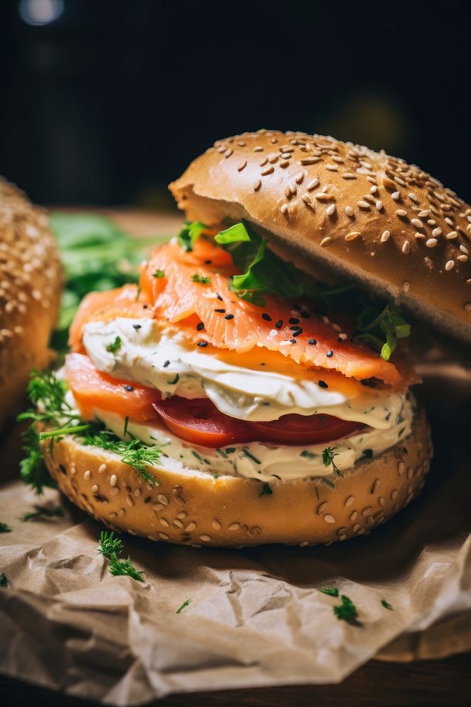 Bagel creamcheese and salmon in half served on brown paper burger bread food.