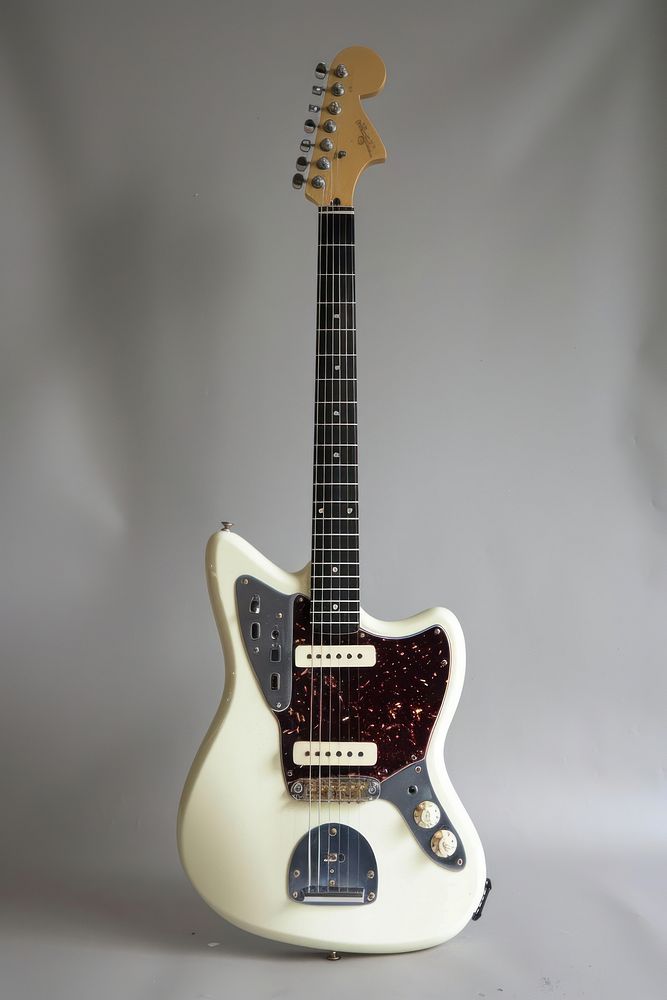 Mustang shape guitar metallic white body with silver electric guitar musical instrument bass guitar.