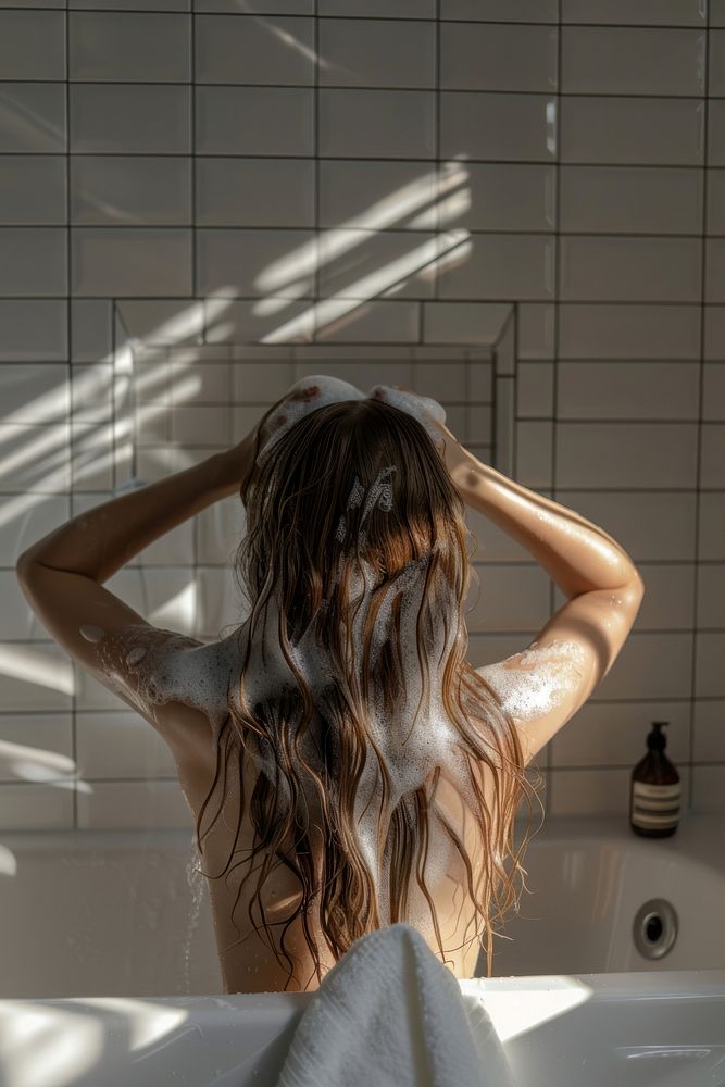 Woman washing hair in the bathroom bathing indoors female.