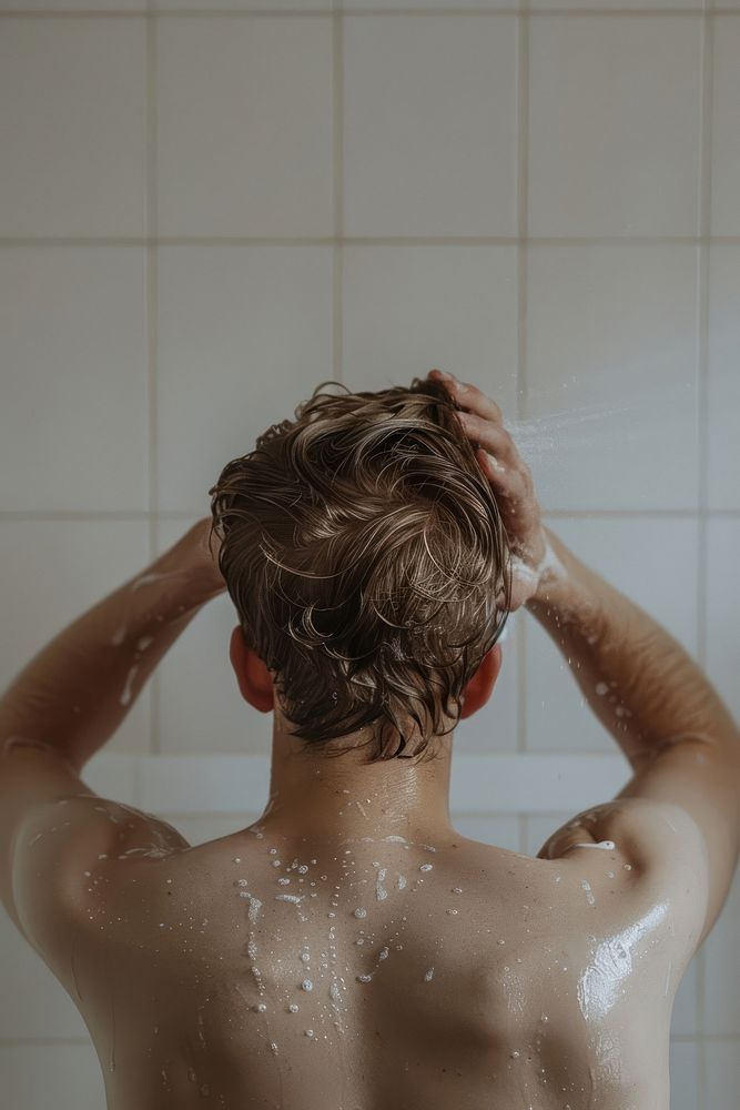Man washing hair in the bathroom showering bathing indoors.