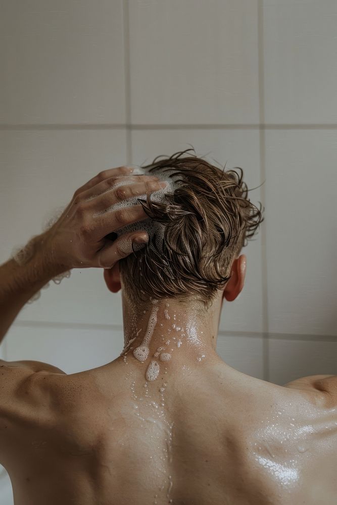 Man washing hair in the bathroom bathing person human.