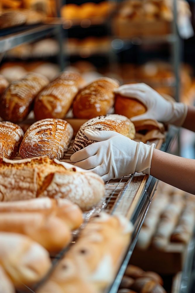 Woman hands with cooking gloves at a bakery rack full with bread clothing apparel animal.