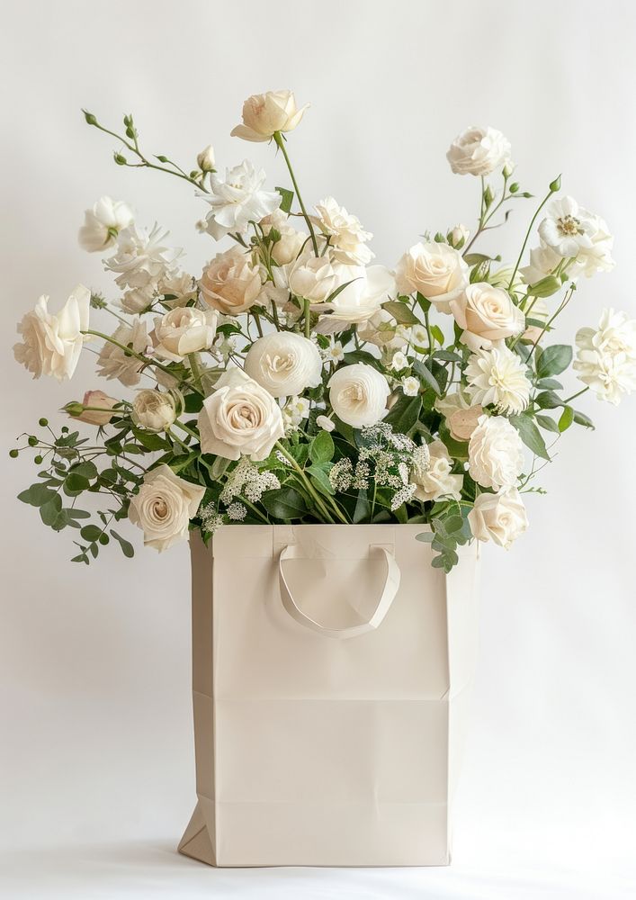 Luxury white paper bag flower rose graphics.