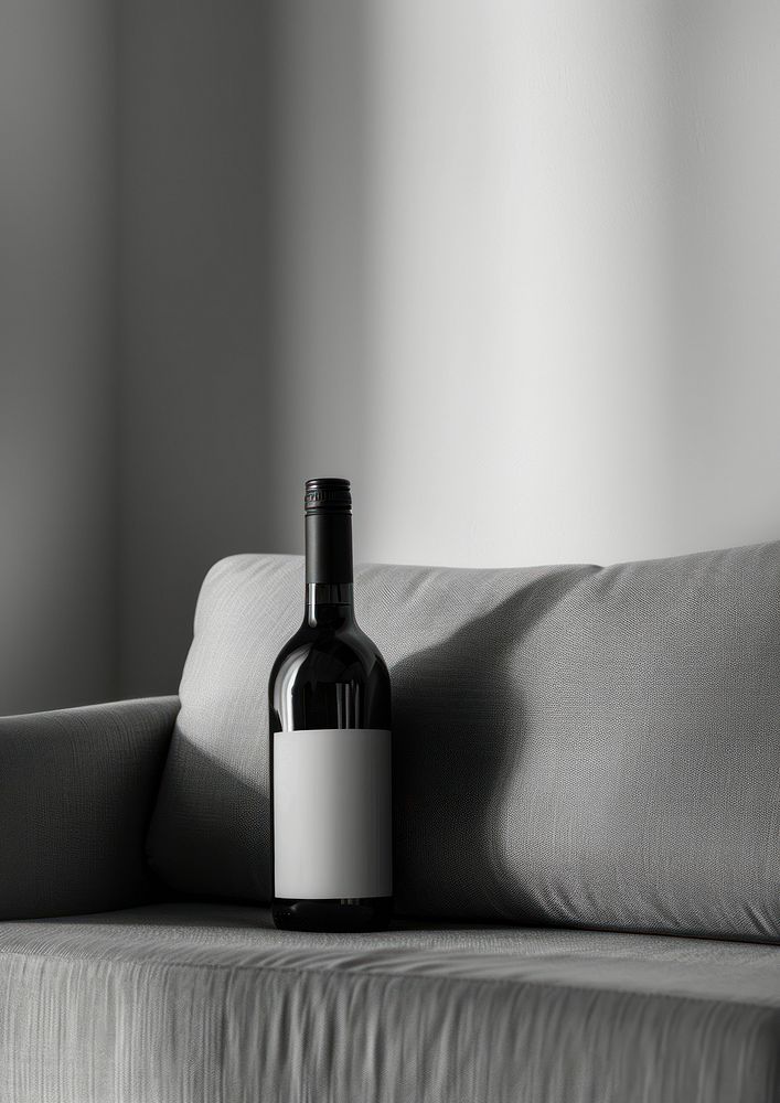 Blank white label wine bottle mockup furniture beverage outdoors.