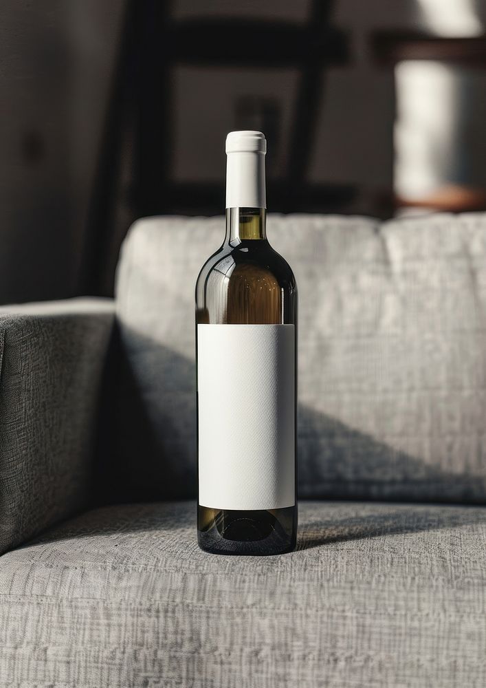 Blank white label wine bottle mockup countryside furniture outdoors.