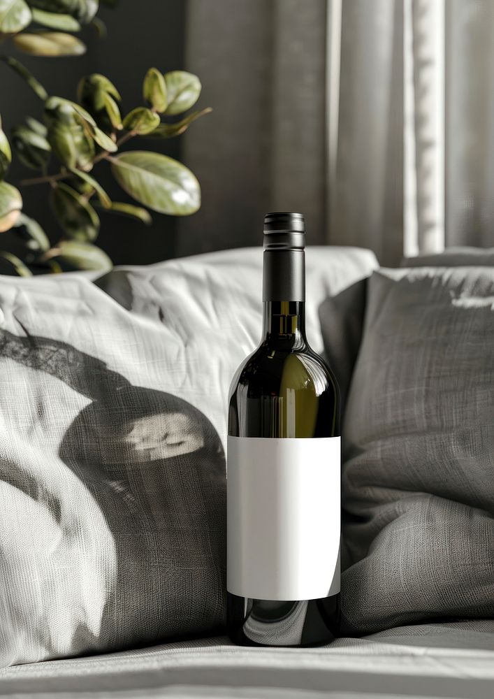 Blank white label wine bottle mockup countryside furniture beverage.