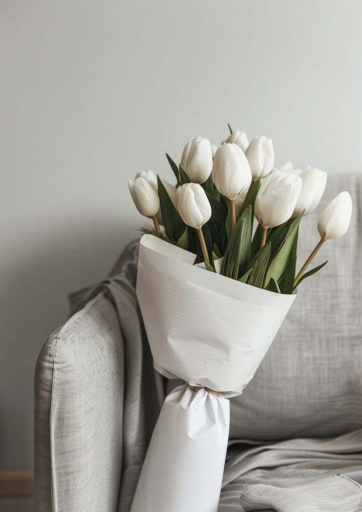 Paper wrapped blank white label flower bouquet mockup blossom cushion pillow.