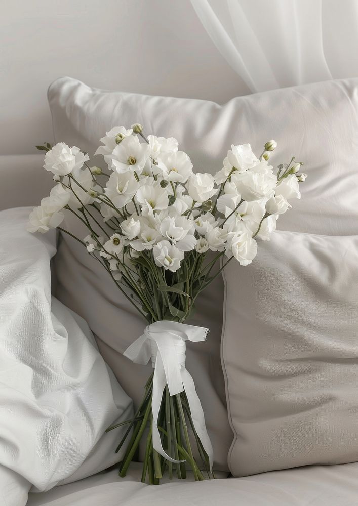 Wrapped blank white label flower bouquet mockup furniture cushion blossom.