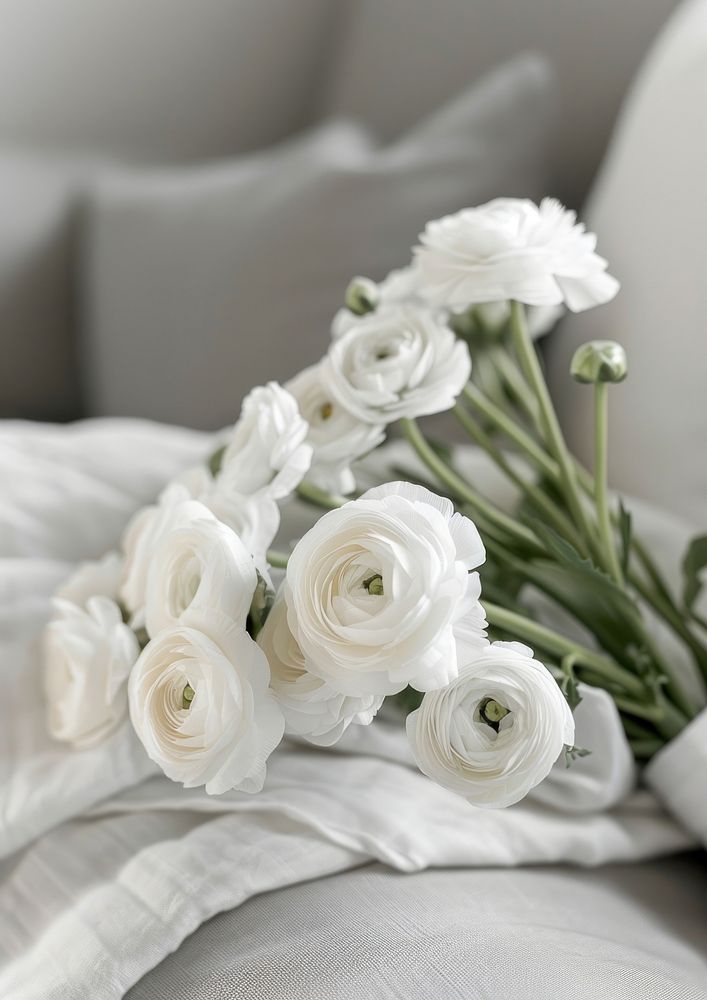 Wrapped blank white label flower bouquet mockup blossom cushion pillow.