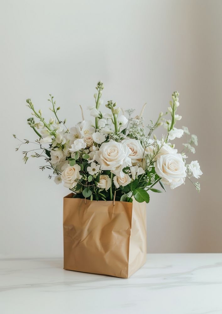 White paper bag flower rose graphics.