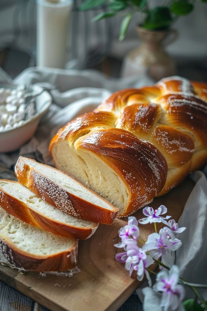 Beautiful Challah Bread slices on wooden top bread plant food.