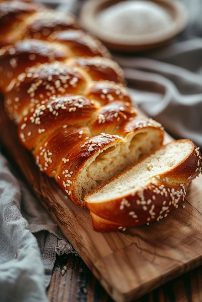 Beautiful Challah Bread slices on wooden top bread food.