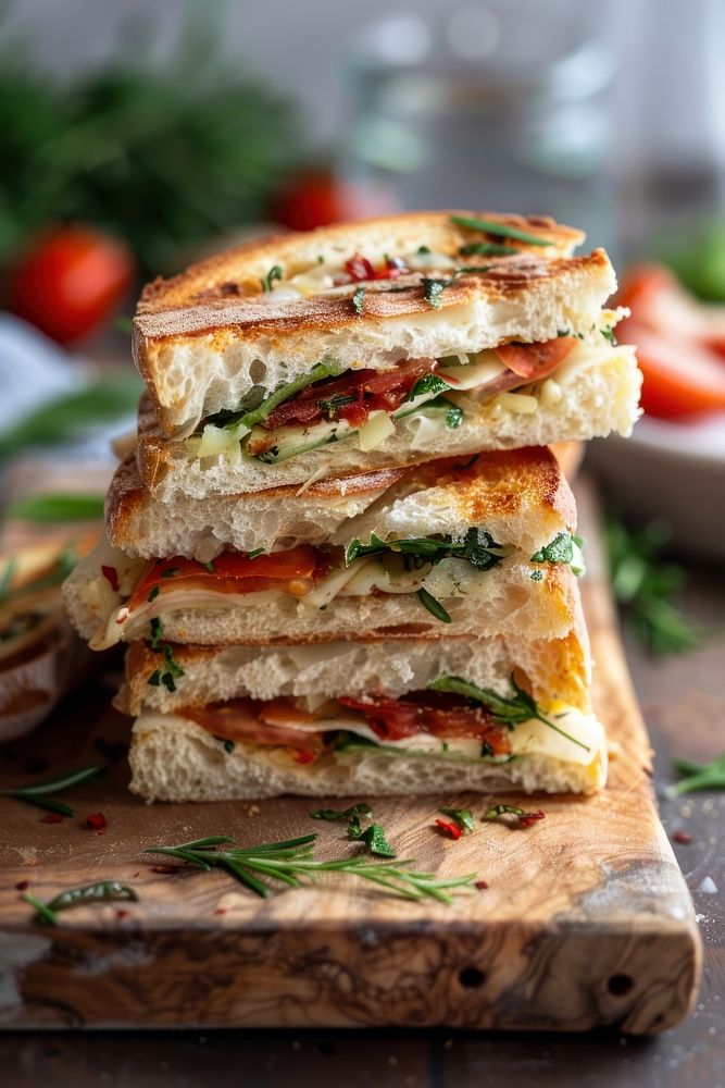 Beautiful foccacia sandwiches cut in half and stack in 2 row brunch food.