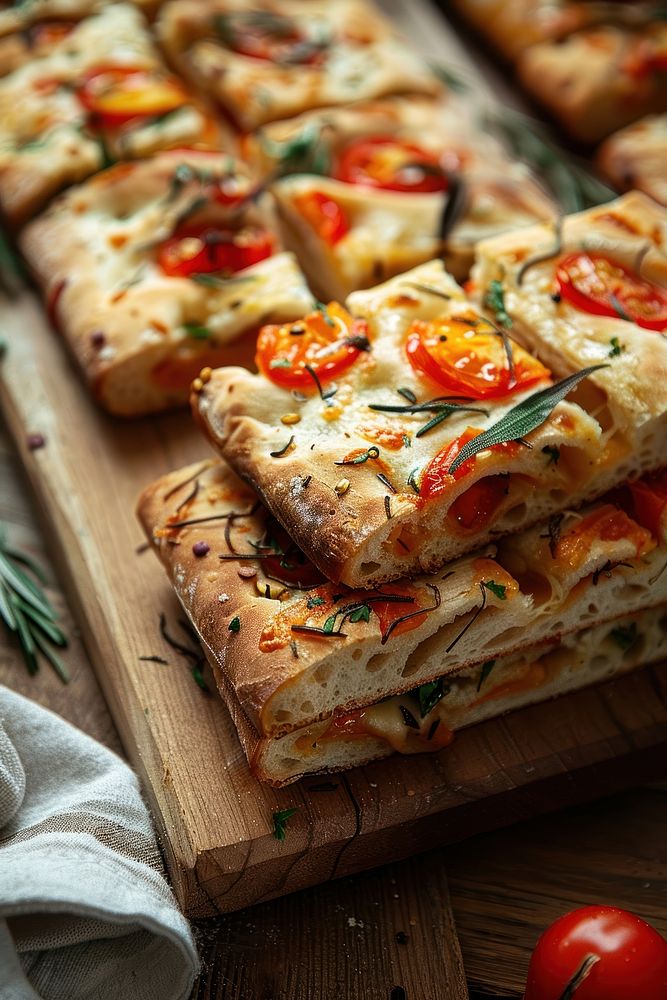 Beautiful foccacia sandwiches cut in half and stack in 2 row dessert ketchup pastry.