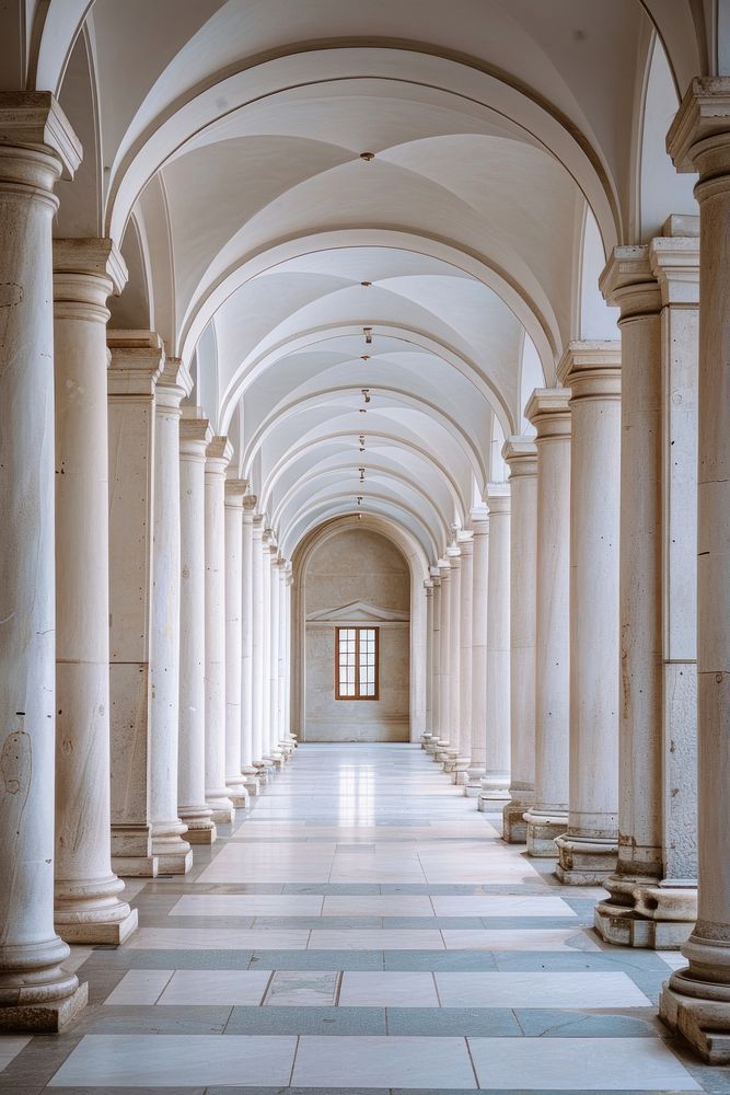 Hallway of Catholic Church with pillars architecture building corridor.