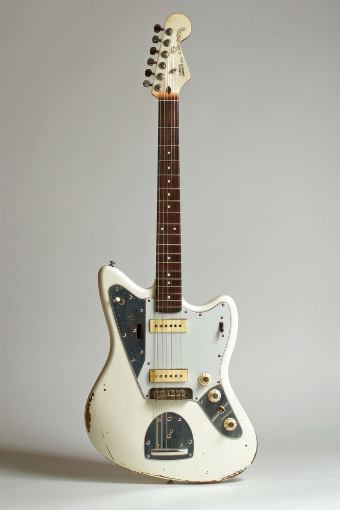 Starcaster shape guitar metallic white body with silver electric guitar musical instrument.