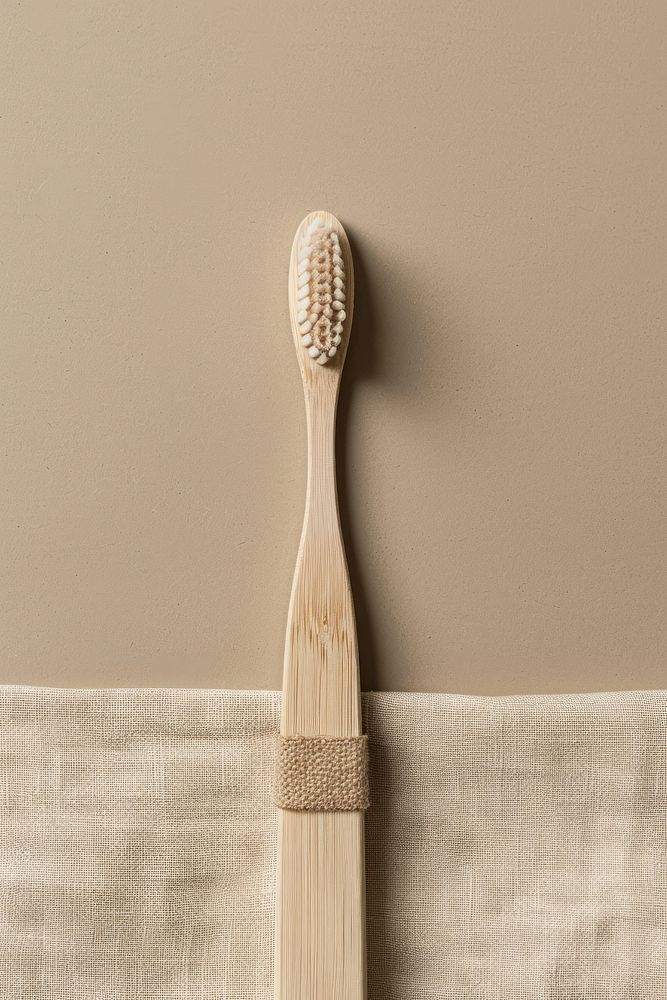 Wooden toothbrush with craft plain package box with fabric label mockup device tool.