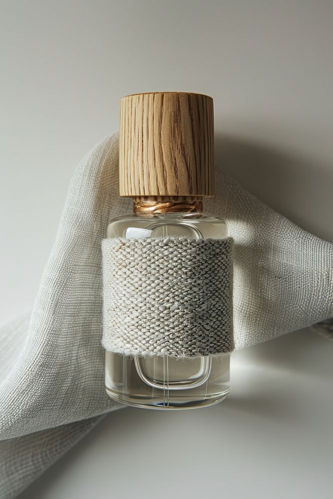 Craft plain package perfume bottle with fabric label mockup cosmetics.