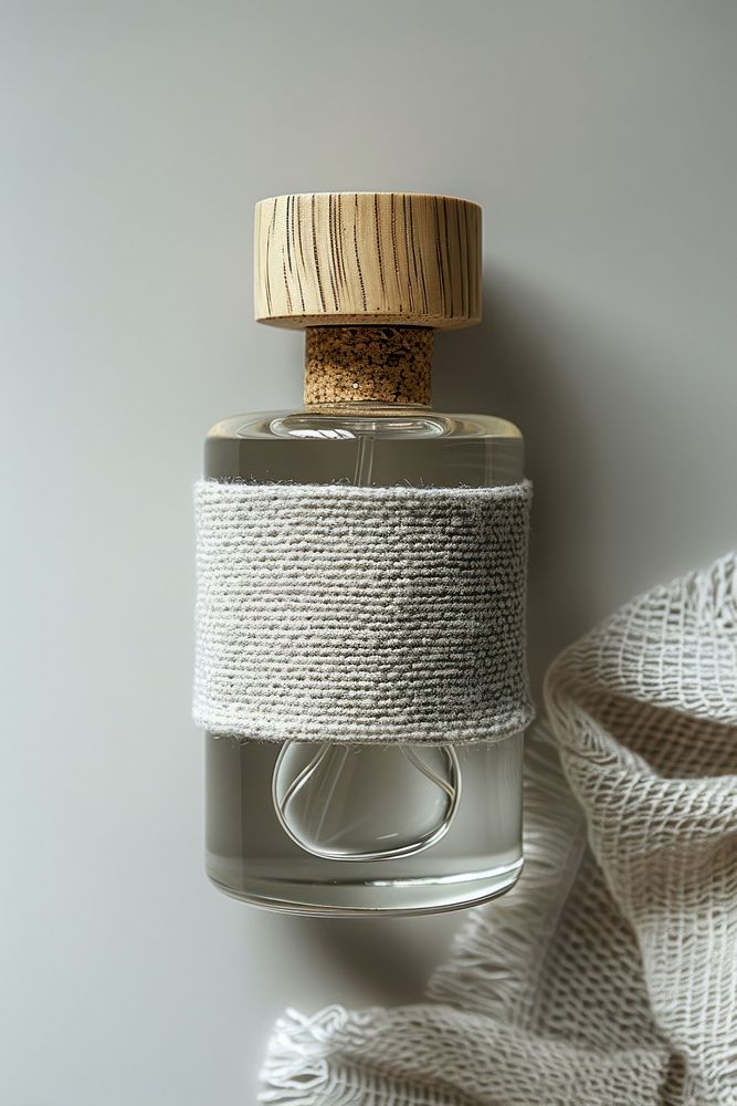 Craft plain package perfume bottle with fabric label mockup cosmetics lamp jar.