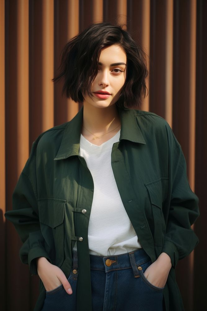 Woman wearing dark green jacket and gray jeans photo hair photography.