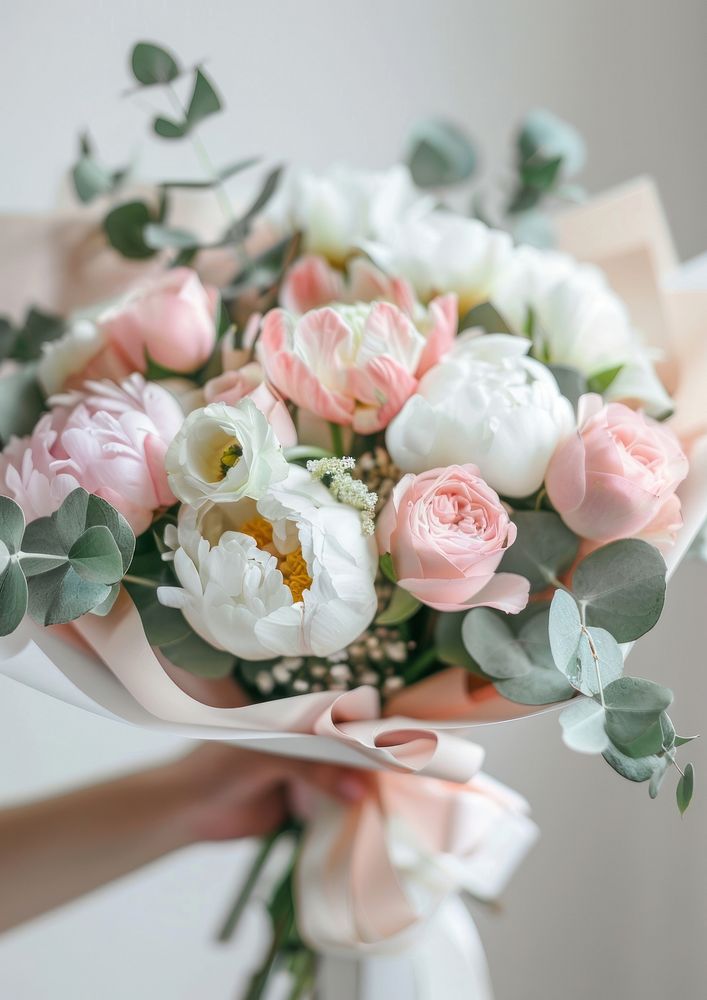 A photo of an eucalyptus and pink peony flower bouquet rose graphics blossom.