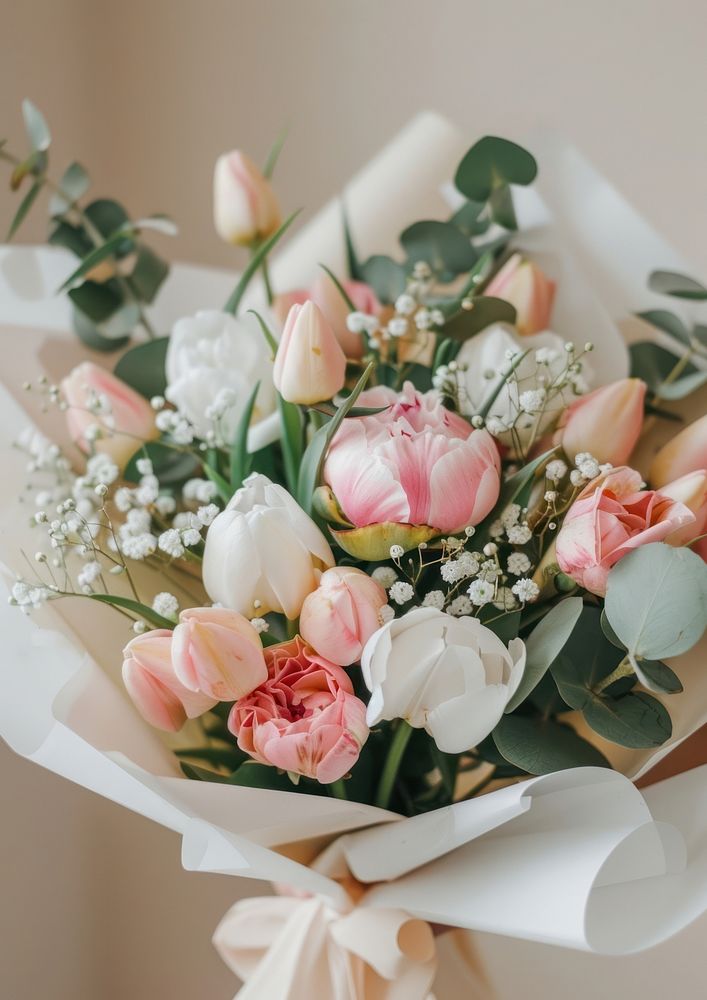 A photo of an eucalyptus and pink peony flower bouquet rose graphics blossom.