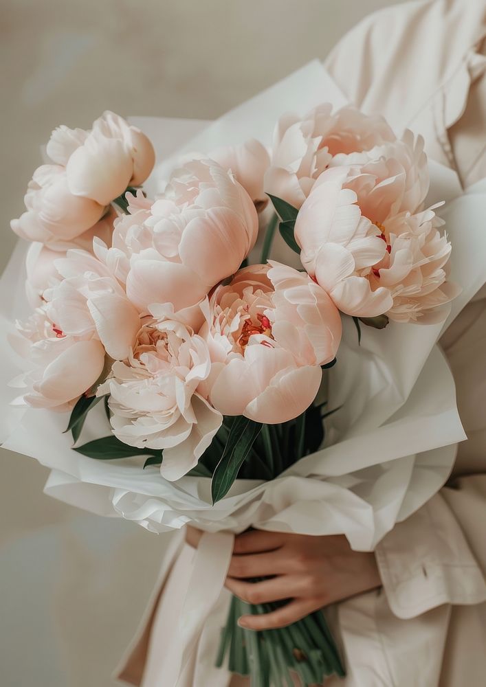 A photo of pink peony flower bouquet blossom wedding female.