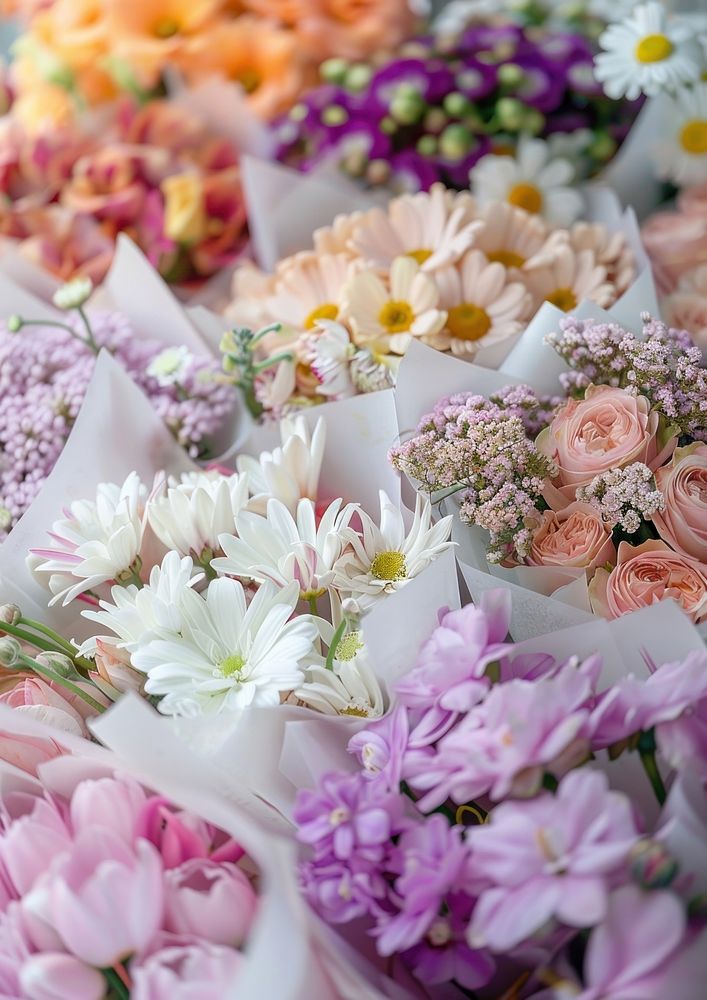 An array of beautiful flowers bouquets in soft pastel colors blossom petal art.