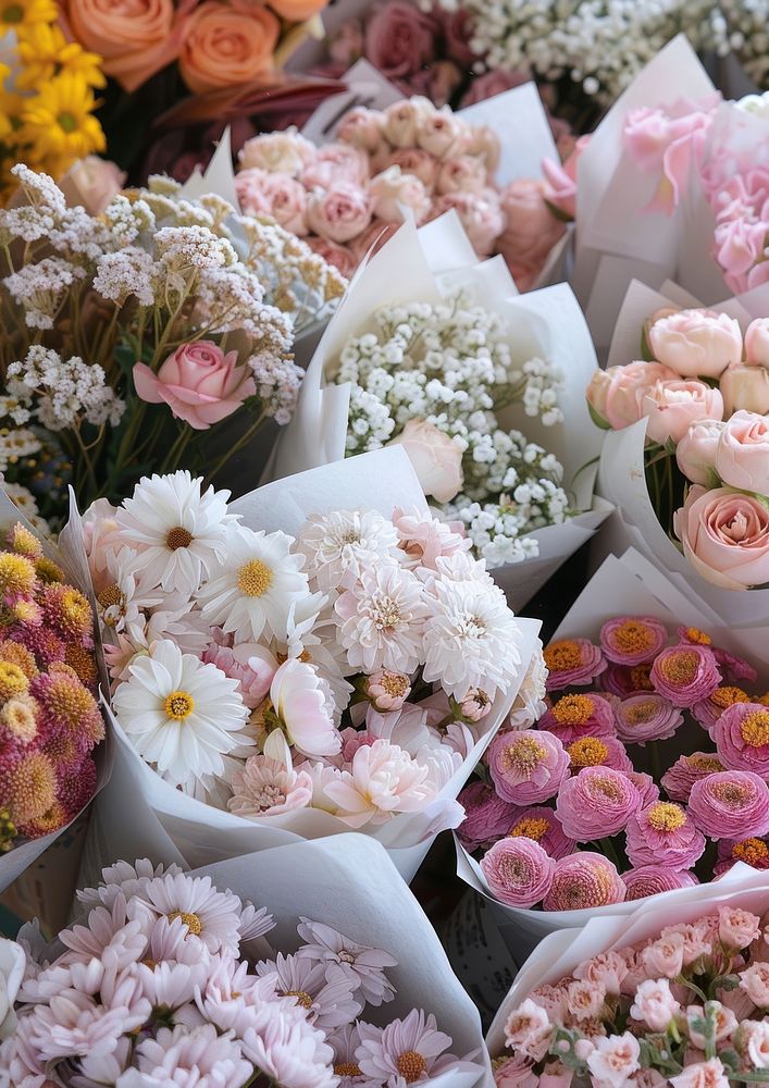 An array of beautiful flowers bouquets in soft pastel colors blossom petal rose.