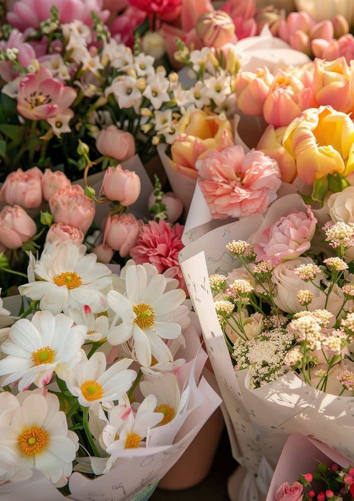 An array of beautiful flowers bouquets in soft pastel colors blossom petal rose.