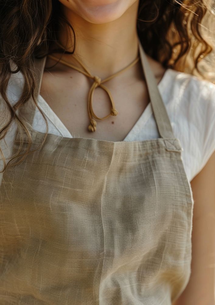 A women wearing light bronw linen fabric apron accessories accessory necklace.