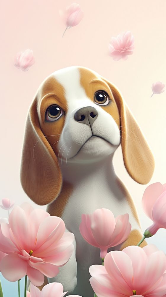 Chubby happy beagle with tulips animal blossom balloon.