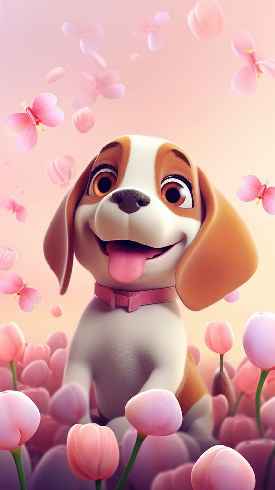 Chubby happy beagle with tulips cartoon medication blossom.