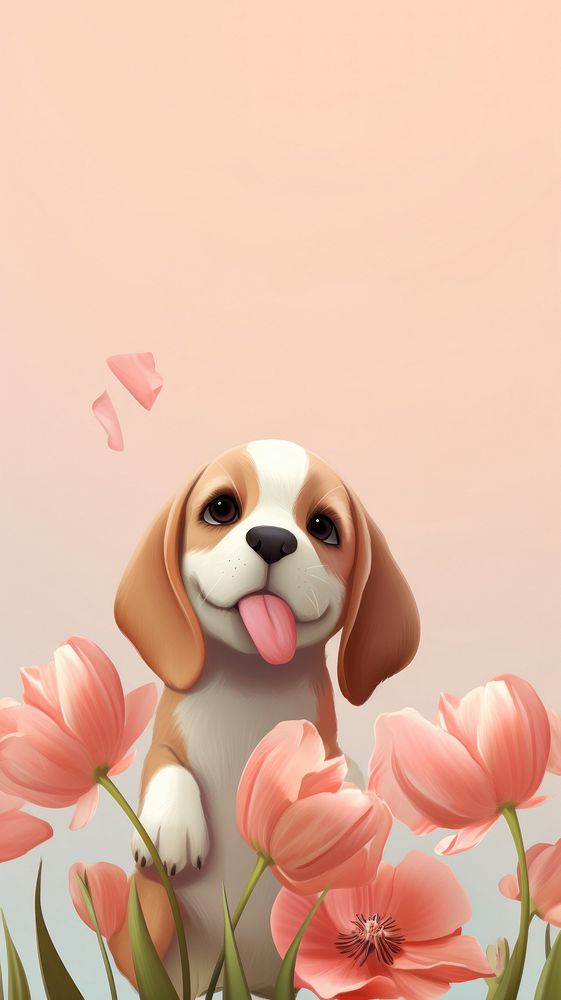 Chubby happy beagle with tulips cartoon animal blossom.