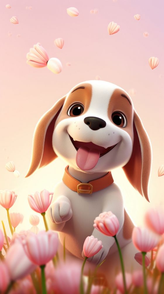 Chubby happy beagle with tulips cartoon baseball softball.