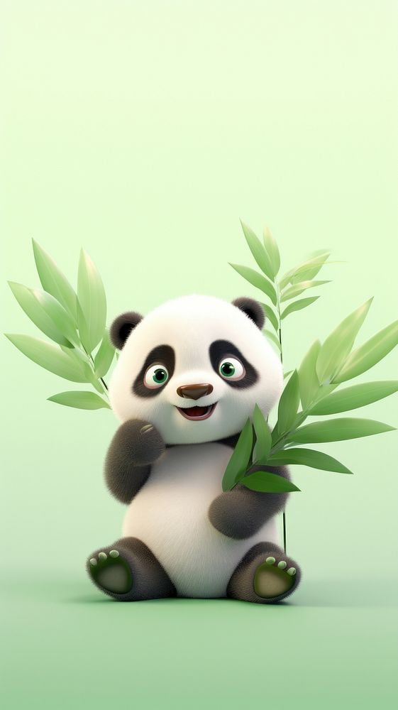 Chubby panda holding a bamboo cartoon animal green.