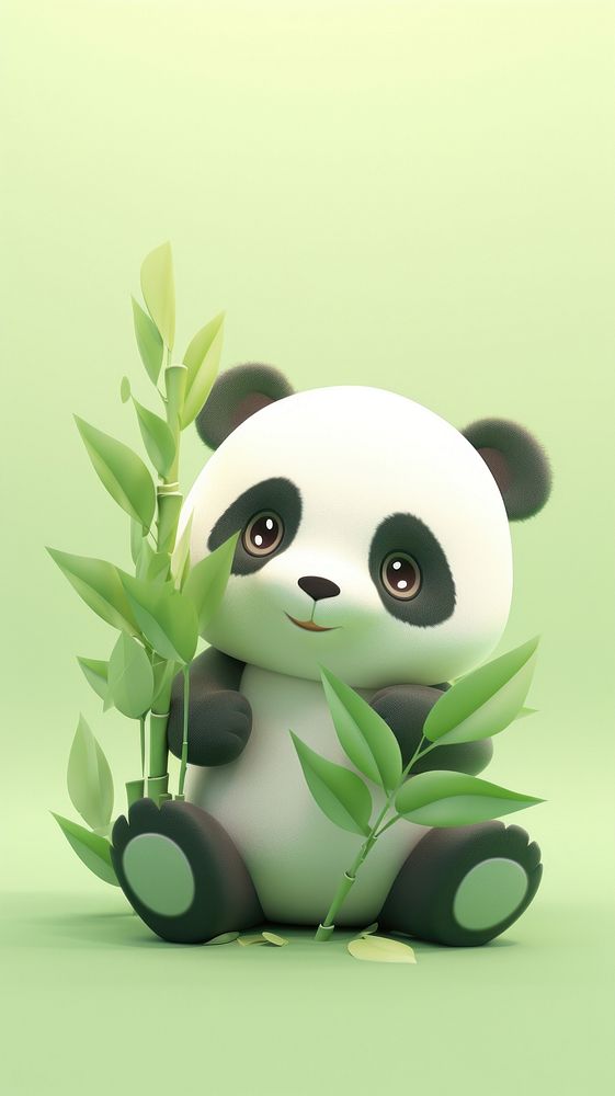 Chubby panda holding a bamboo green plant plush.