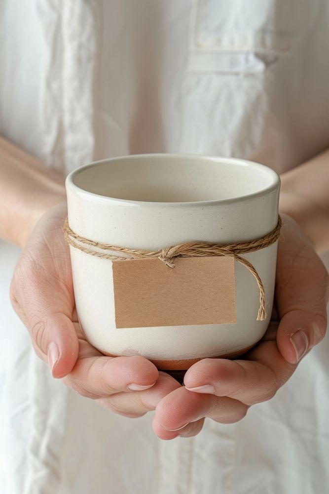 Hand holding a craft pot with label porcelain cookware beverage.