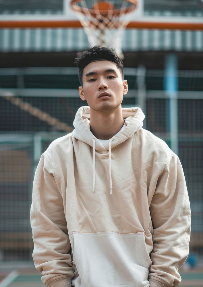 One asian man wear blank beige fashion sport wear mockup basketball apparel sports.