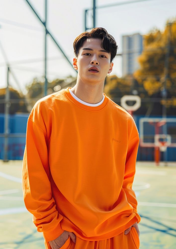 One asian man wear blank orange fashion sport wear mockup apparel clothing sleeve.