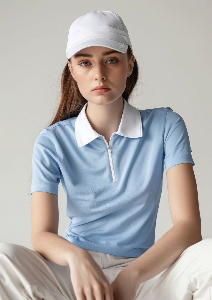 One woman wear blank blue fashion golf sport wear mockup apparel clothing sleeve.