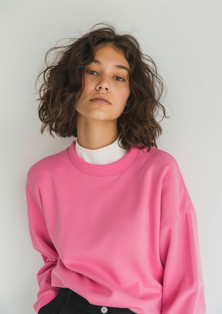 One woman wear blank pink fashion golf sport wear mockup apparel clothing knitwear.
