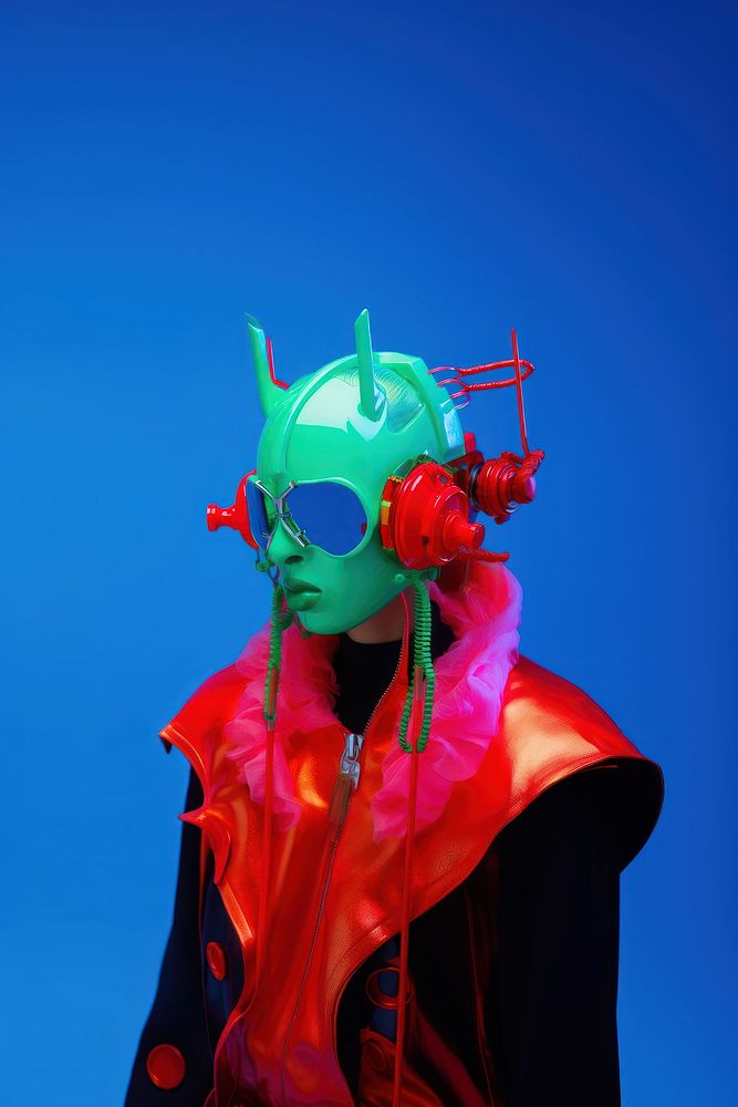 Fashion photography representing of futuristic cybernatic face carnival clothing.
